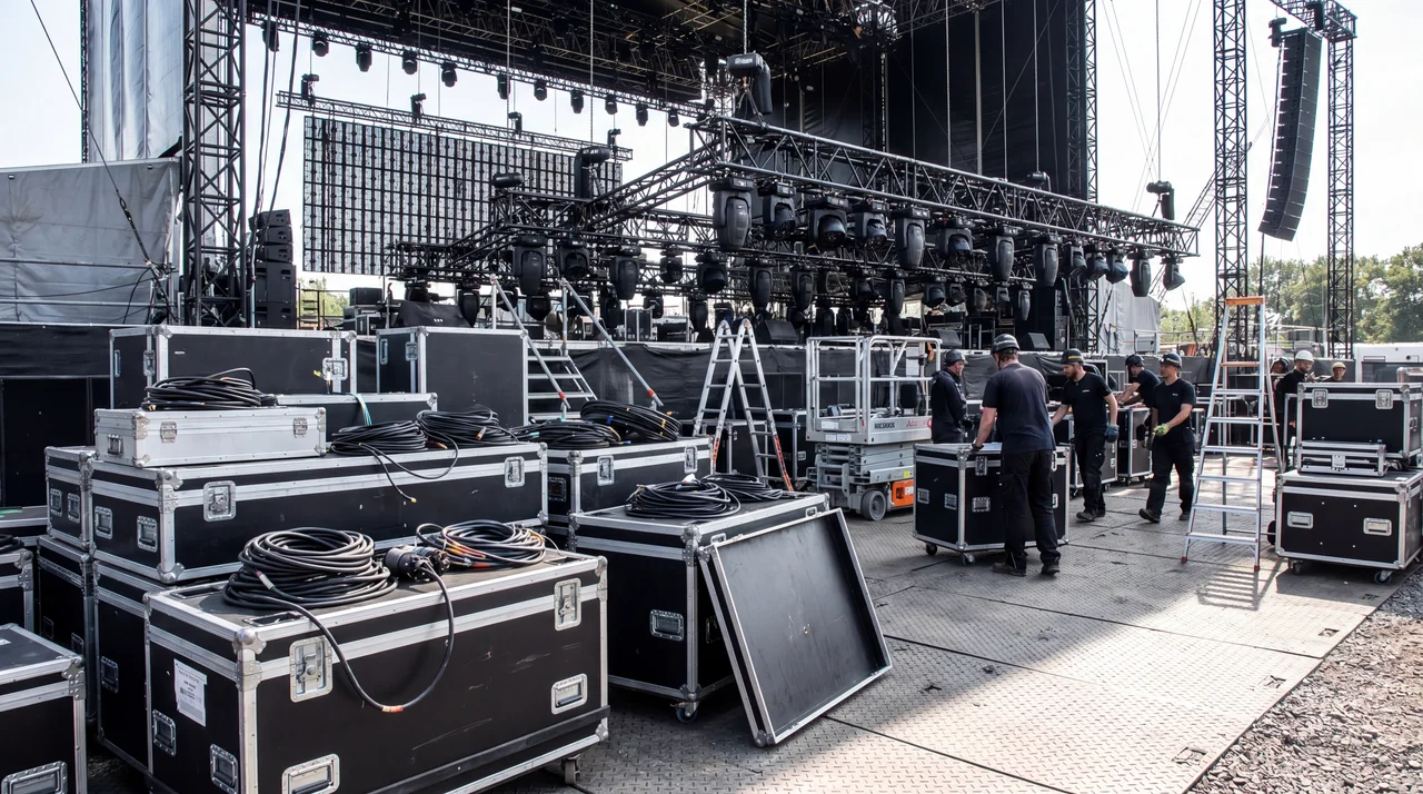 Stage setup with road cases and lighting truss
